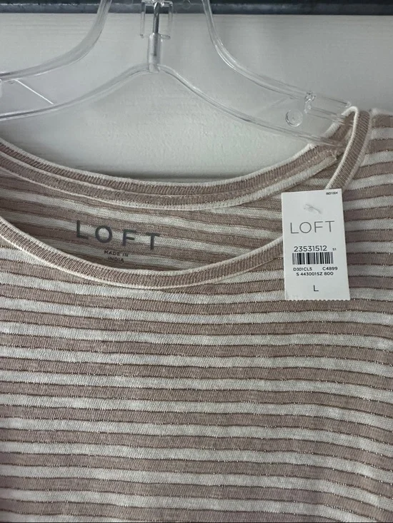 NWT LOFT Beige & White Striped Crewneck Top - Picture 2 of 3